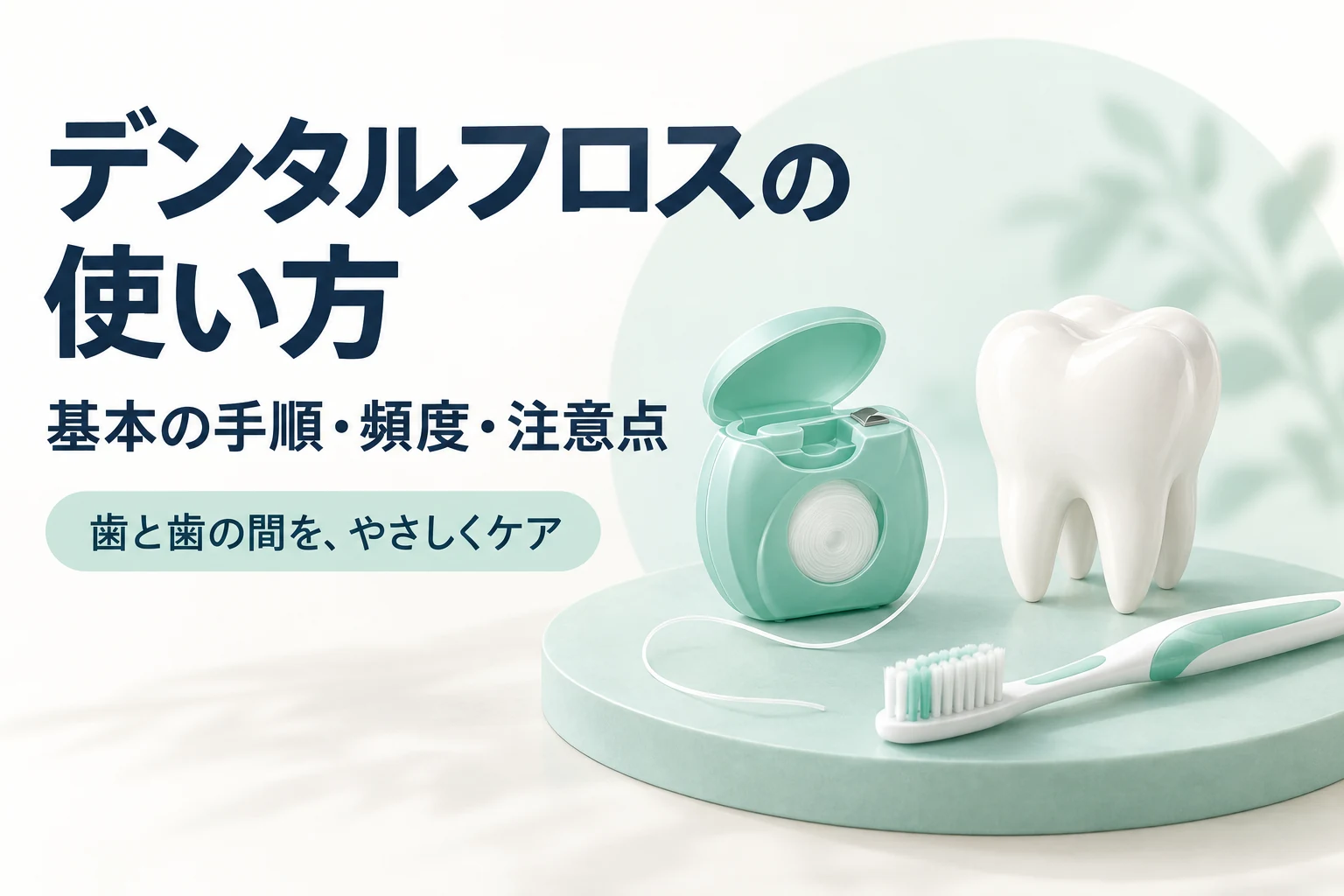 デンタルフロスの使い方（基本の手順・頻度・注意点）。糸巻きタイプのデンタルフロス、歯ブラシ、歯の模型のイラスト